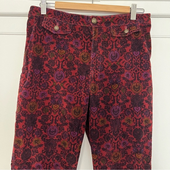 Free People Paisley Cropped Micro Corduroy Pants Wine Red Ribbed Floral Size 10 - Picture 8 of 11